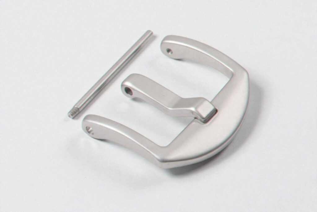 Silver watch buckle with a separate metal spring bar, set against a plain white background.