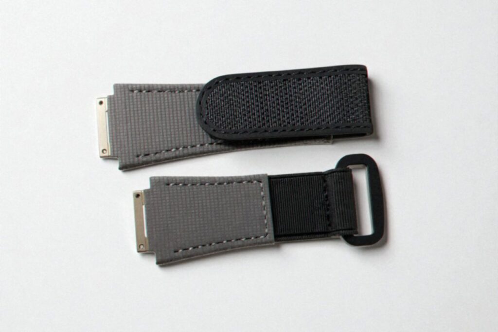 Two gray fabric wristbands with velcro clasp lie on a light surface.
