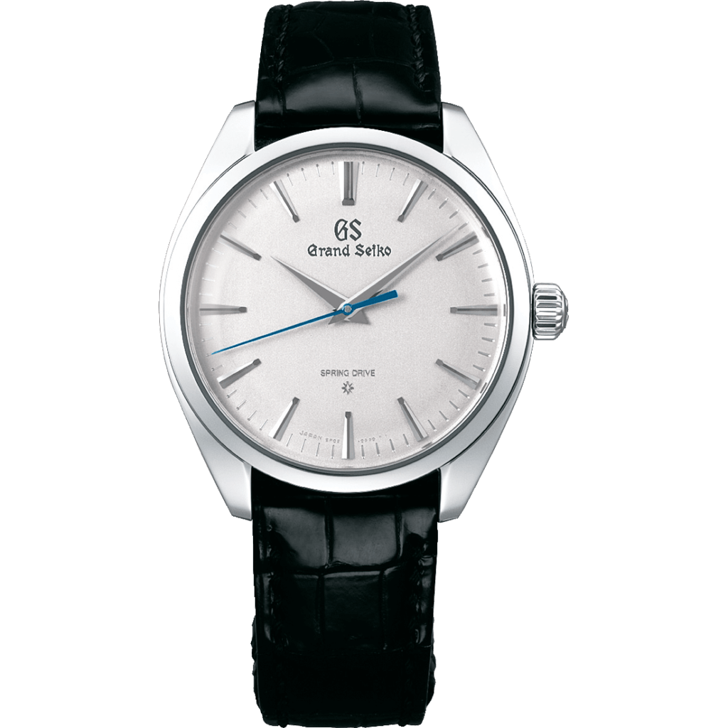 A luxury Grand Seiko watch with black leather strap