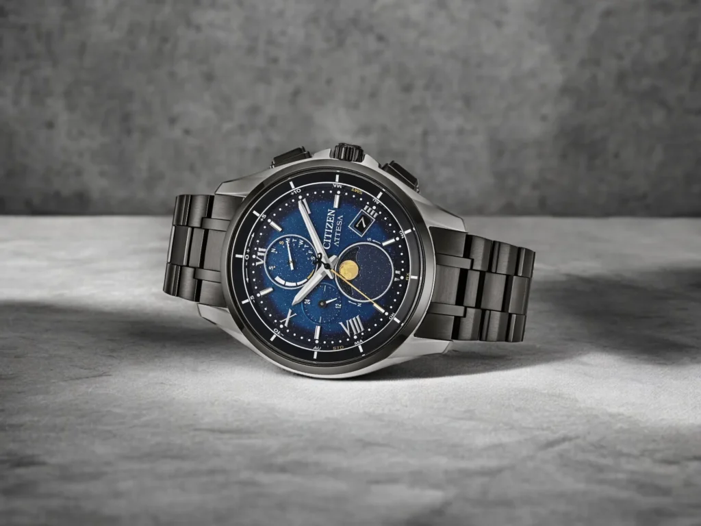 Citizen Attesa Super Titanium BY1007-60L watch with a deep blue starry dial and moon phase, displayed on a grey textured stone surface.