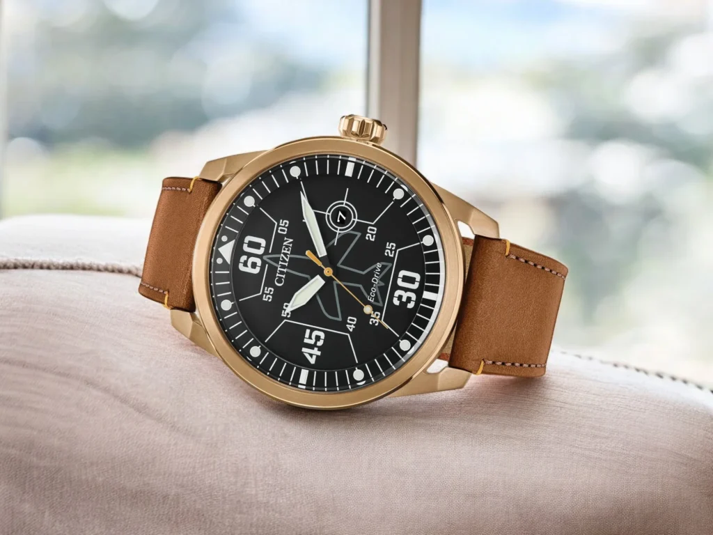Citizen Avion AW1733-09E resting on a cozy beige cushion by a window.