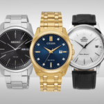 Three elegant dress watches from Citizen, Orient, and Seiko showcased side by side on a clean white background.
