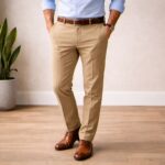 Man wearing khaki pants with a brown belt and brown leather shoes, demonstrating proper belt, pant and shoe color coordination.