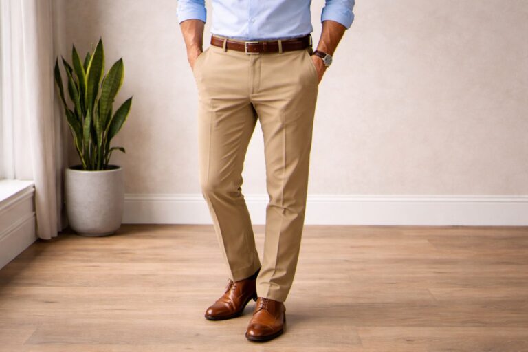 Man wearing khaki pants with a brown belt and brown leather shoes, demonstrating proper belt, pant and shoe color coordination.
