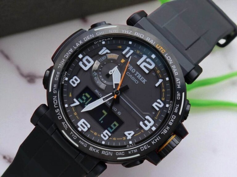 Black Casio Pro Trek watch with analog and digital displays, featuring bold white numerals.