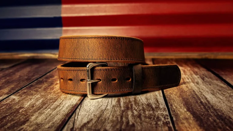 A brown full-grain leather belt with a silver buckle lies coiled on a wooden surface.
