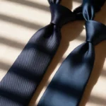 Two navy blue neckties, one silk and the other polyester, lie side by side on a beige surface, illuminated by soft striped sunlight filtering through blinds.