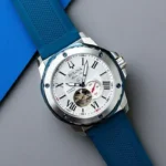 Bulova Marine Star 98A225 with a silver-white dial, photographed against a gray-blue background.
