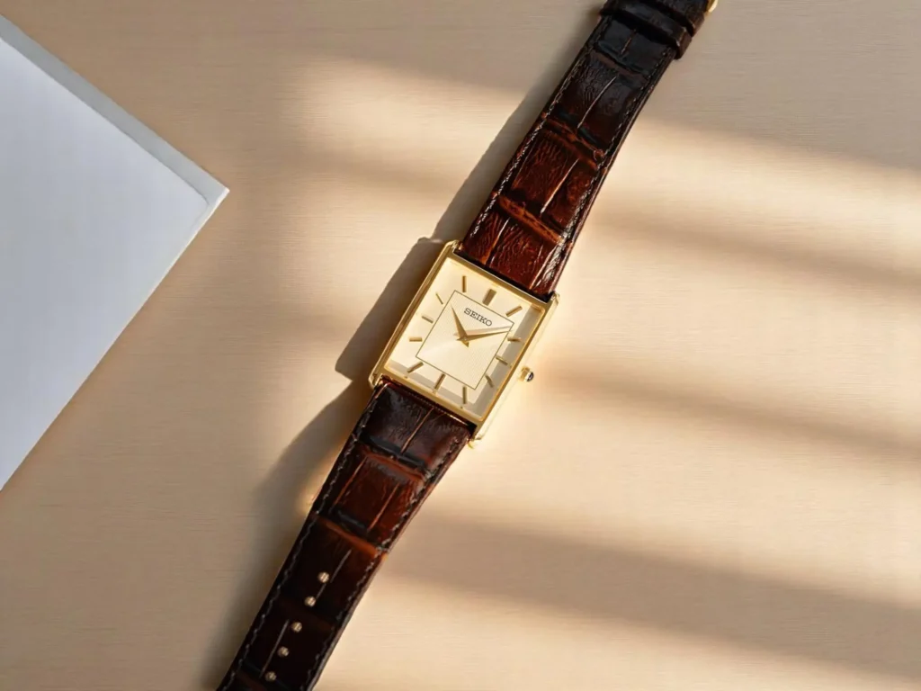 Seiko Essentials SWR064 with brown leather strap on a sunlit beige surface.