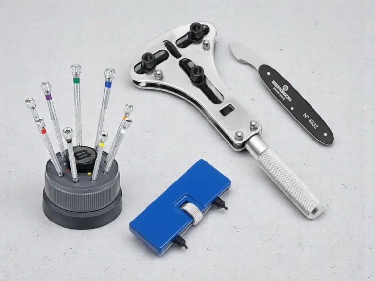 A watch repair toolkit on a light gray surface featuring a case opener tool, a set of screwdrivers in a holder, a case knife, and a blue wrench.