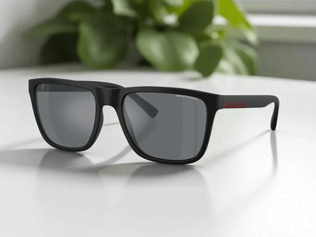 Armani Exchange sunglasses with a rectangular matte frame and dark lenses rest on a white surface, with blurred green leaves in the background.