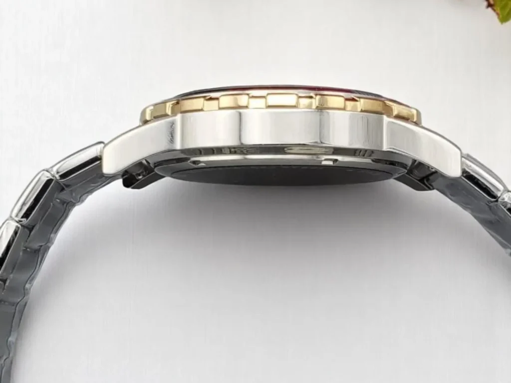 Side profile of the Fossil Dean Chronograph FS4795 showcasing the case finishing, detailed bezel, and stainless steel bracelet.