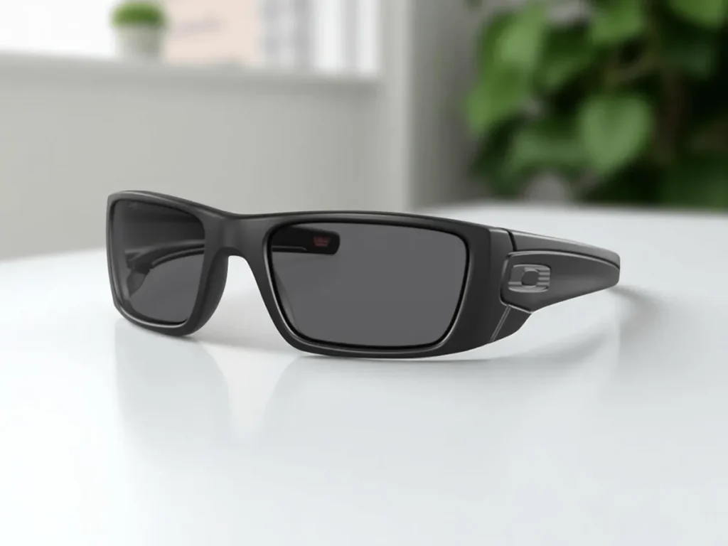 Oakley Fuel Cell sports sunglasses with rectangular lenses on a white surface, softly lit against a backdrop of blurred green foliage.