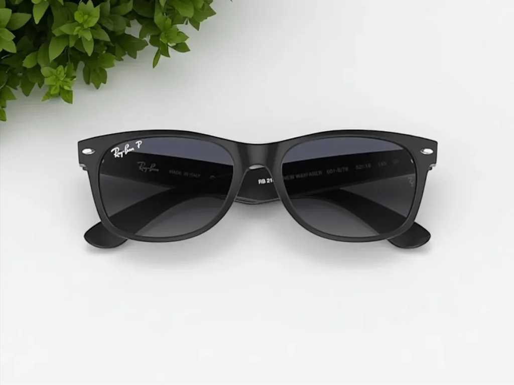 Ray-Ban New Wayfarer with dark lenses are placed on a light surface, partially shaded by green leaves.