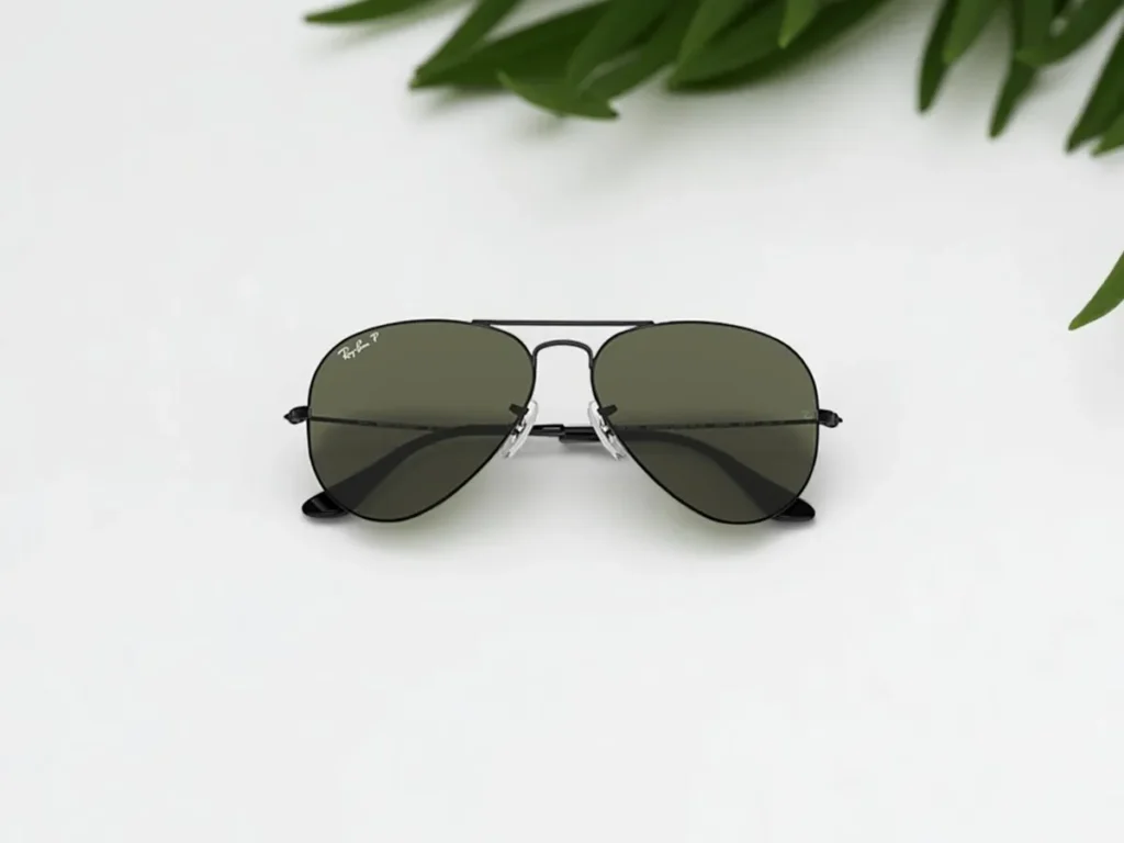 Ray-Ban Original Aviator with dark lenses on a white surface, with green leaves in the top right corner.