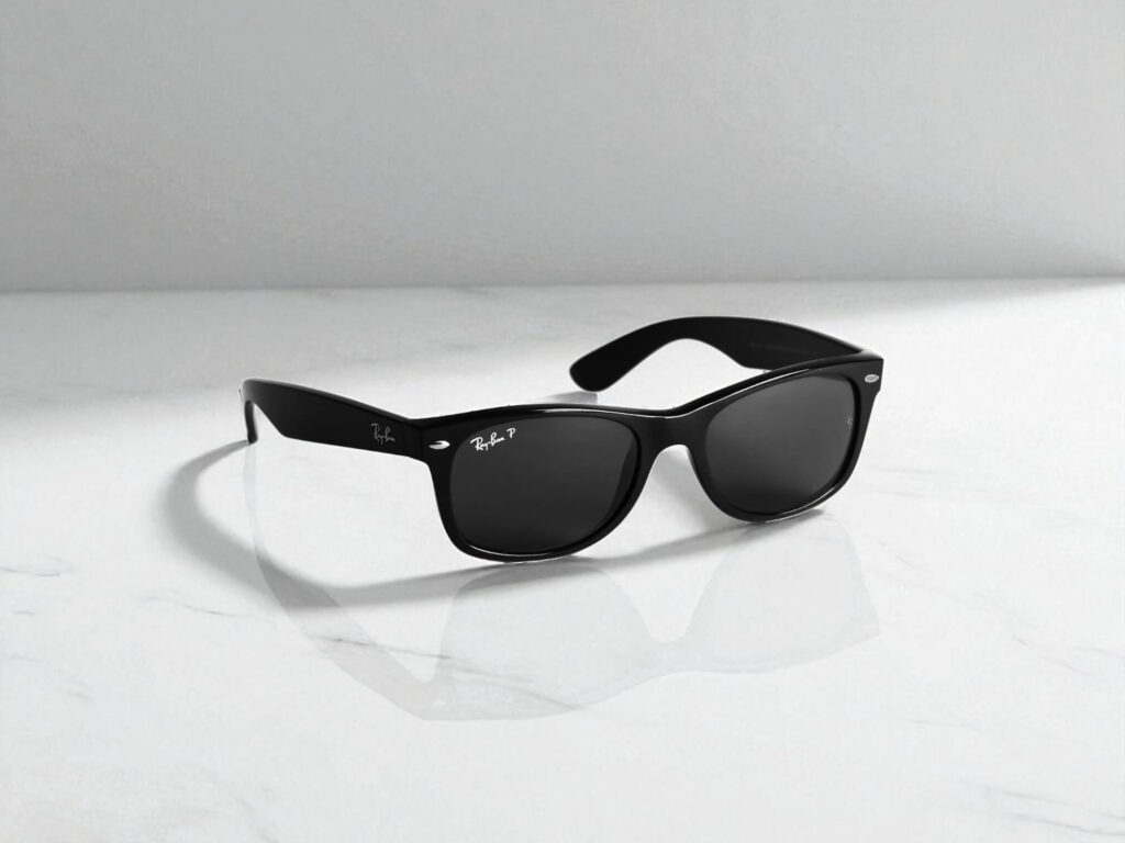 A pair of black Ray-Ban Wayfarer sunglasses with acetate frame and dark lenses sits on a sleek white marble surface, casting a soft shadow.