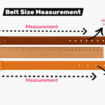 Diagram showing belt size measurement from buckle end to middle hole using a ruler. Includes two belts with labels for clarity.
