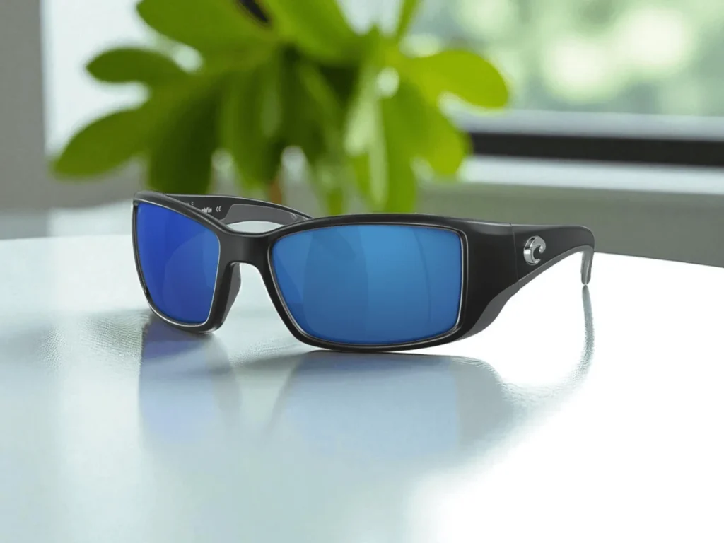 Costa Del Mar Blackfin Polarized sunglasses with black frames and reflective blue lenses sit on a glossy white surface, with greenery softly blurred in the background.