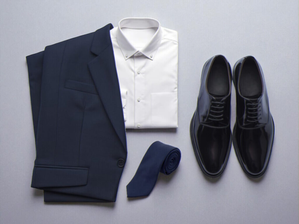 Navy suit jacket, white dress shirt, dark blue tie, and polished black shoes arranged on a light gray background, ideal for men's job interviews.