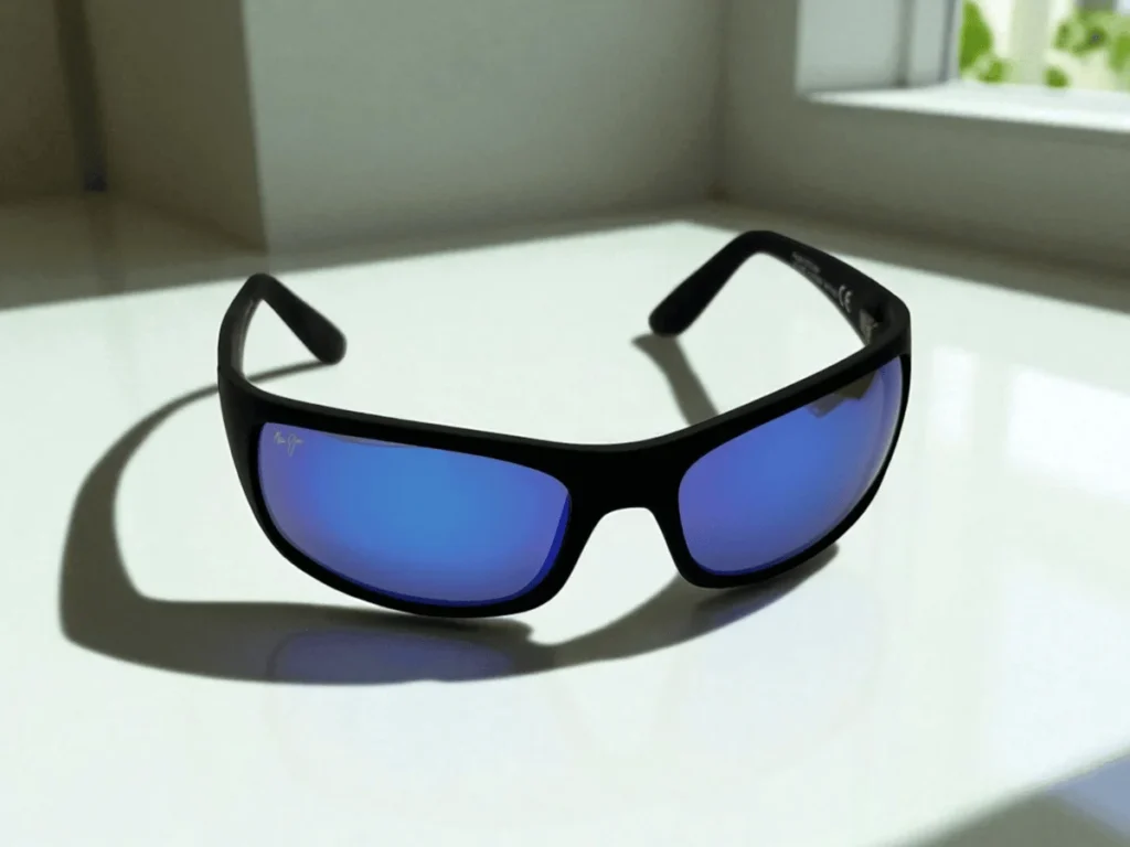 Maui Jim Peahi Polarized sunglasses with black frames and blue reflective lenses sit on a white windowsill, casting a soft shadow.