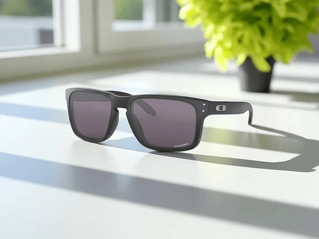 Oakley Holbrook Prizm Driving Sunglasses with dark lenses rest on a sunlit white table, casting a soft shadow. A vibrant green plant is in the blurred background.