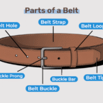 Illustration of a brown belt labeled with its parts: Belt Strap, Belt Hole, Belt Loop, Belt Tip, Belt Buckle, Buckle Prong, and Buckle Bar.