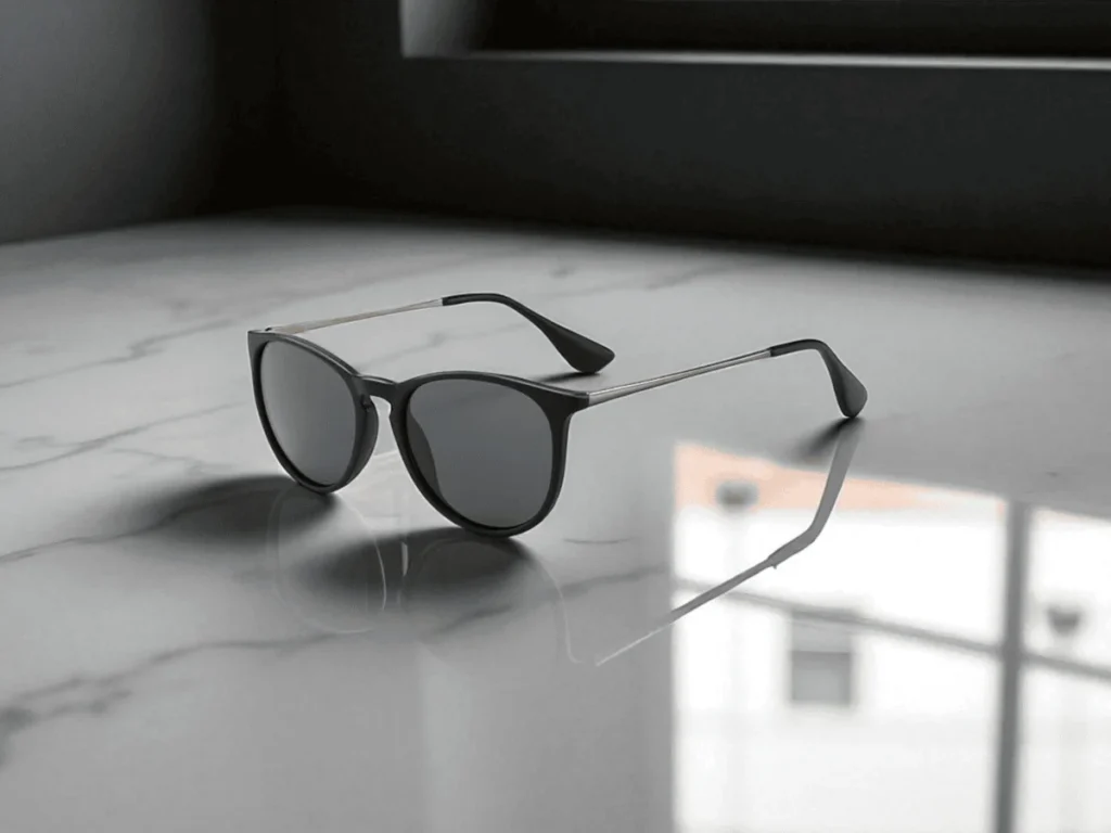 SUNGAIT Vintage Round Polarized sunglasses with round lenses rest on a glossy marble surface.