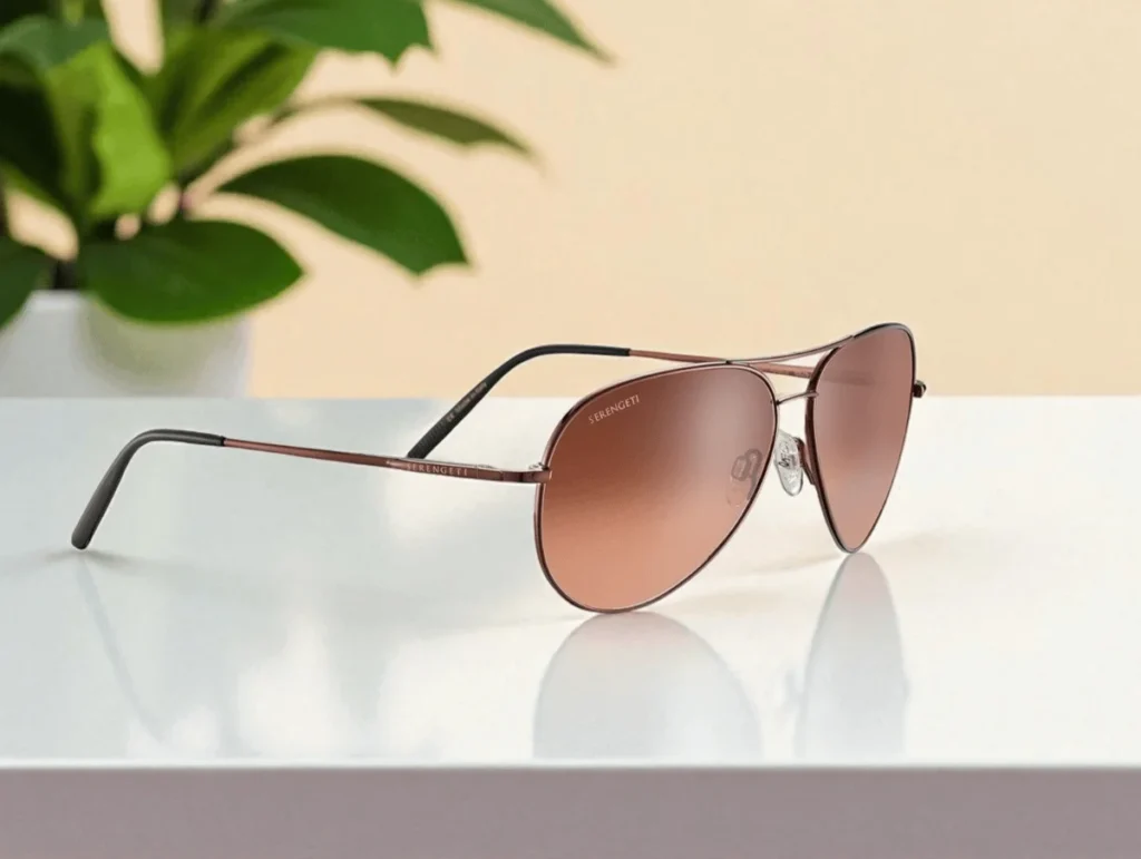 Serengeti Aviator Photochromic sunglasses with metal frame and tinted lenses sit on a white surface. A green plant is blurred in the background.