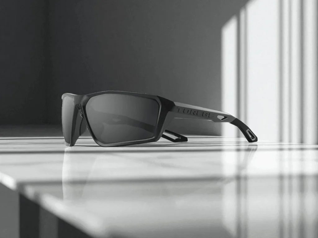 Torege Polarized Sports sunglasses with dark lenses lie on a white marble surface. Soft light creates reflections and shadows.