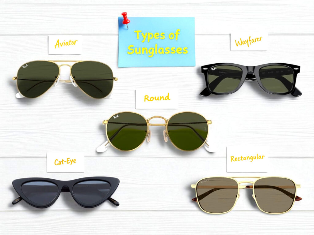 Five types of sunglasses on a white wooden surface: Aviator, Wayfarer, Round, Cat-Eye, and Rectangular, each labeled with yellow text.