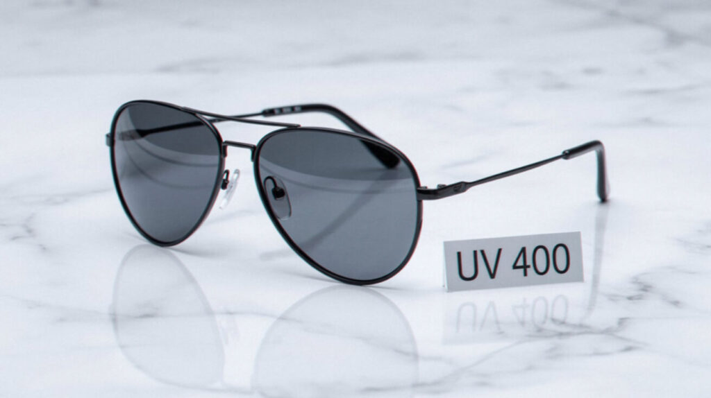 Black aviator sunglasses with dark lenses sit on a marble surface, next to a card that says "UV 400" for full UV protection.
