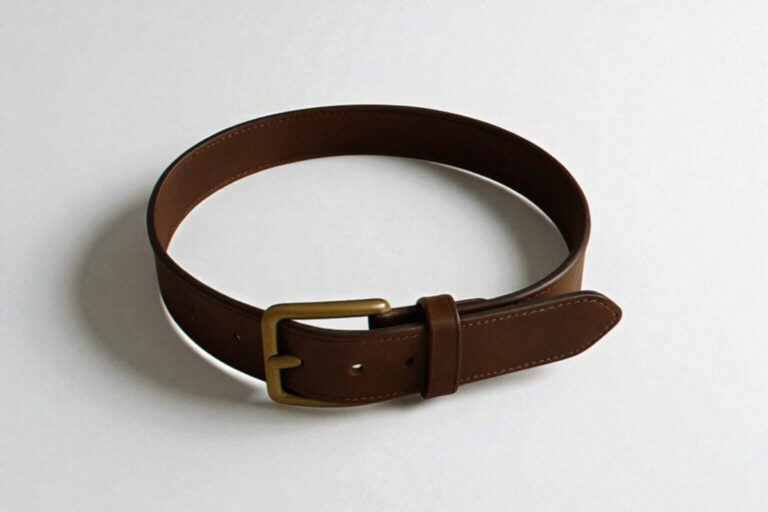 A brown casual leather belt with a bronze buckle is coiled on a light gray surface, casting a soft shadow.