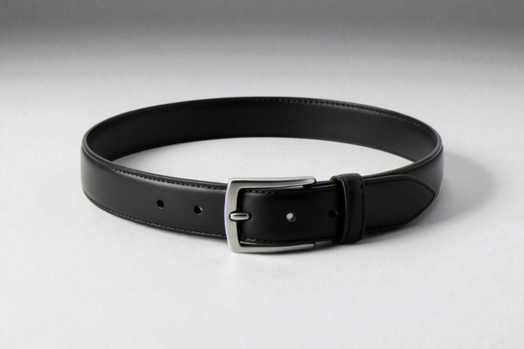 A black leather dress belt with a silver buckle is neatly coiled on a white background. 