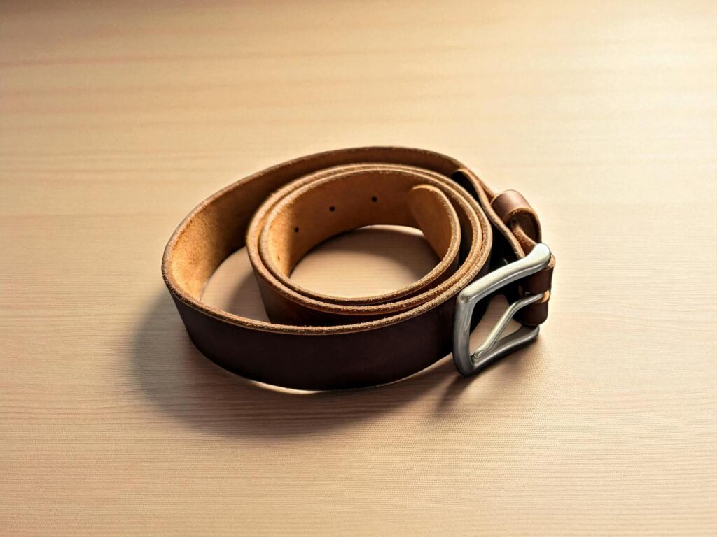 A rolled-up Popov English Tan brown leather belt with a silver buckle sits on a light wooden surface. 