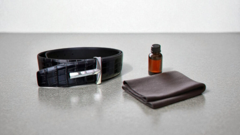 A luxury leather belt with a silver buckle sits on a light gray surface next to a small brown bottle of leather conditioner and a folded brown fabric.