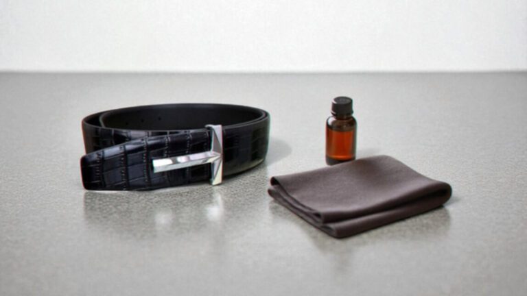 A luxury leather belt with a silver buckle is placed on a light gray surface alongside a small brown bottle and a folded brown fabric.