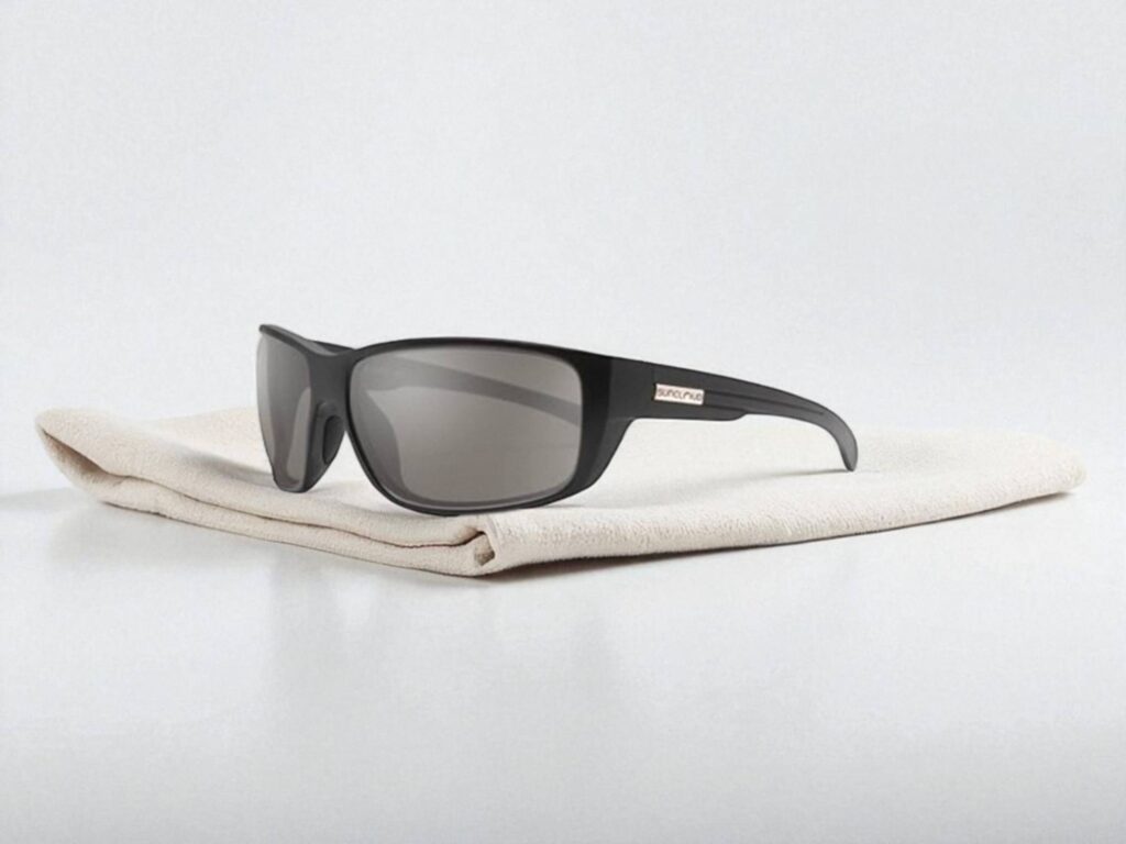 Suncloud Milestone sunglasses sit on a folded white microfiber cloth against a plain background. 