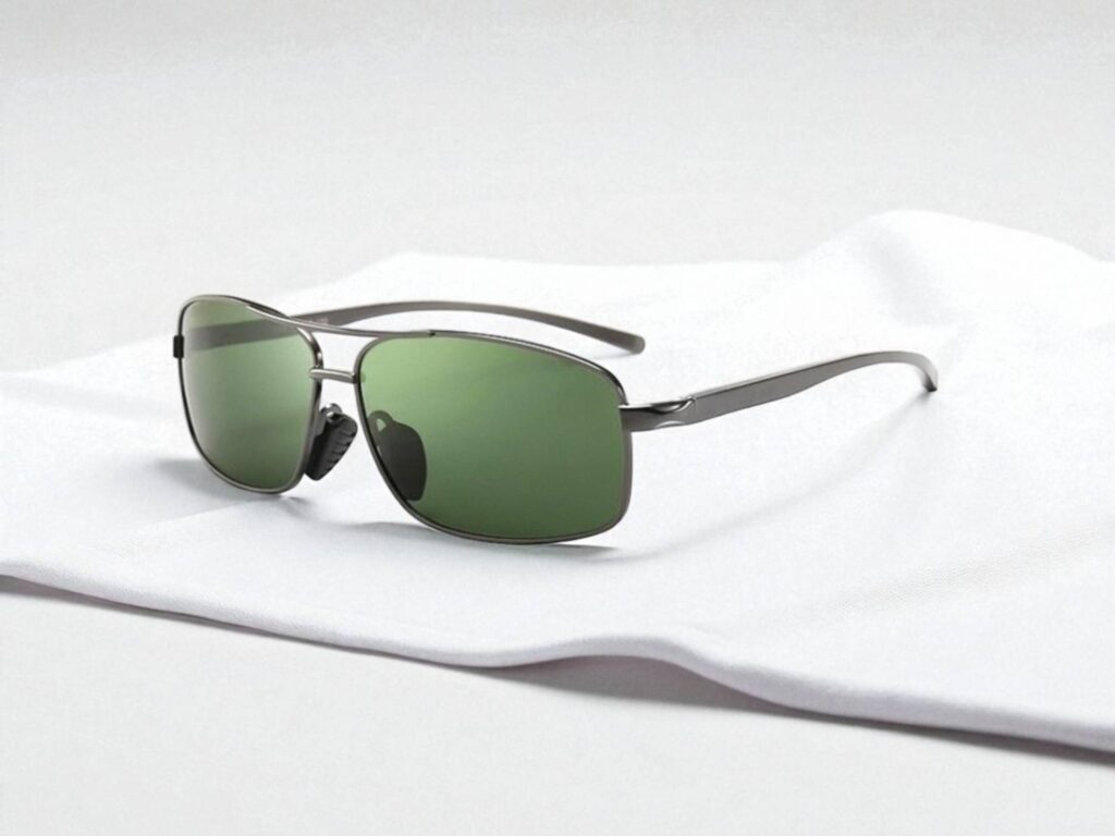 Sungait rectangular polarized sunglasses with green lenses and metallic frames rest on a smooth, white surface.