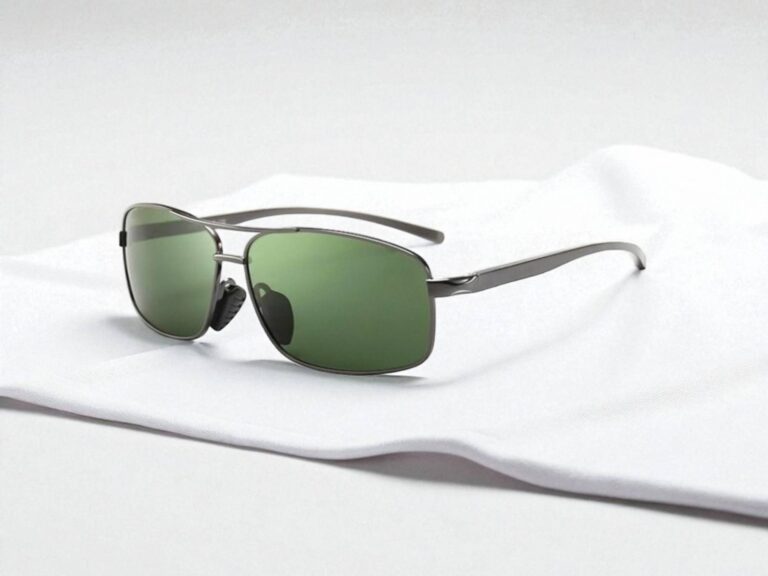 Sungait rectangular polarized sunglasses with green lenses and metallic frames rest on a smooth, white surface.