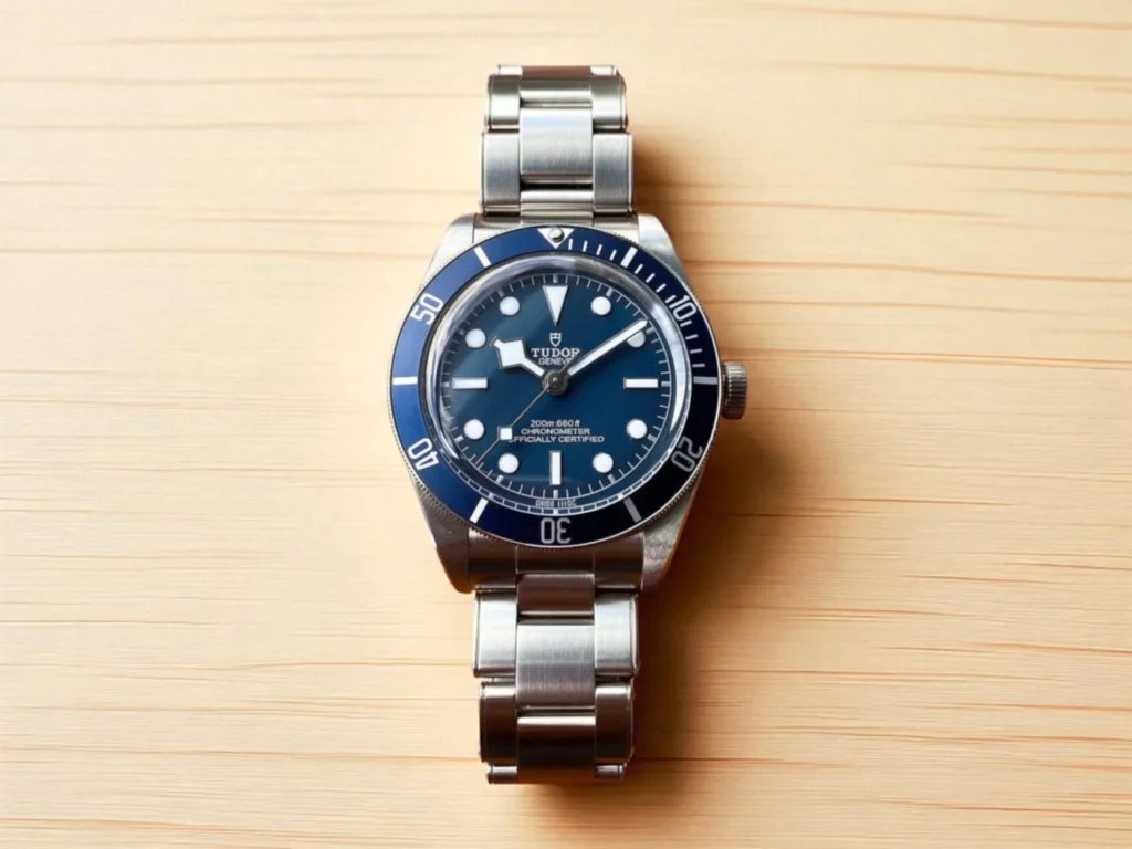 Tudor Black Bay 58 resting on a wooden table.