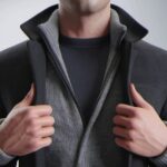 Man confidently adjusting a dark coat over a gray zip-up sweater and black shirt, suggesting a stylish, layered fashion choice.