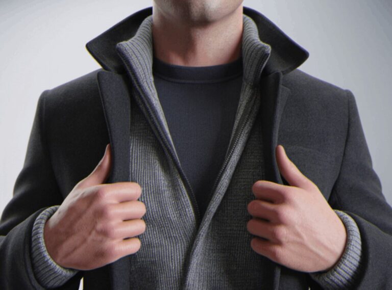 Man confidently adjusting a dark coat over a gray zip-up sweater and black shirt, suggesting a stylish, layered fashion choice.