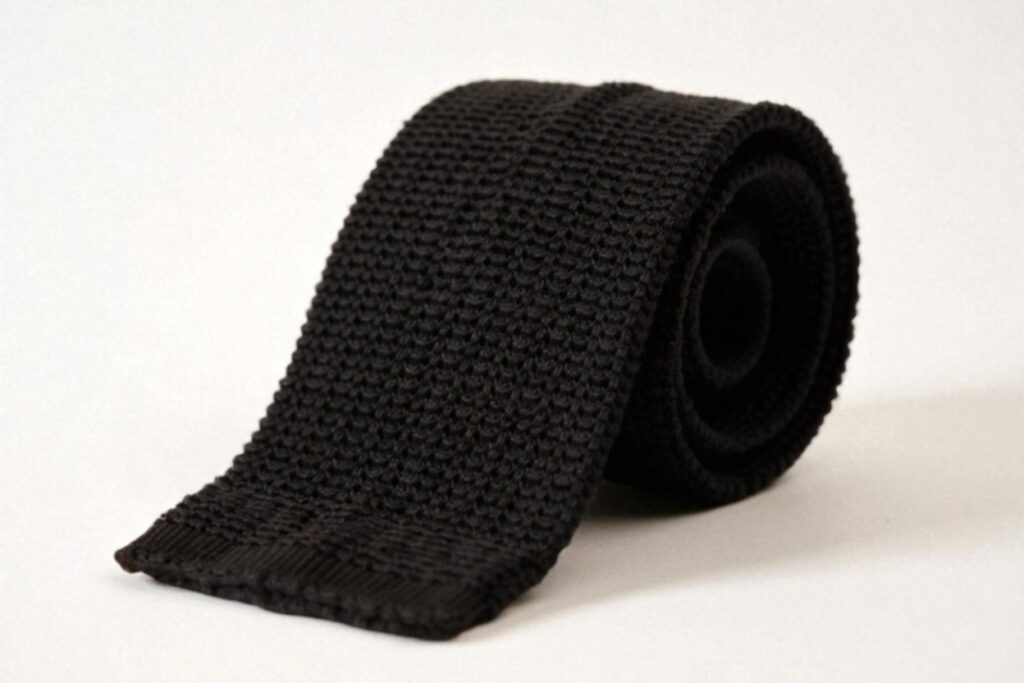 A neatly rolled black Drake's knitted cotton tie rests on a clean white background. 