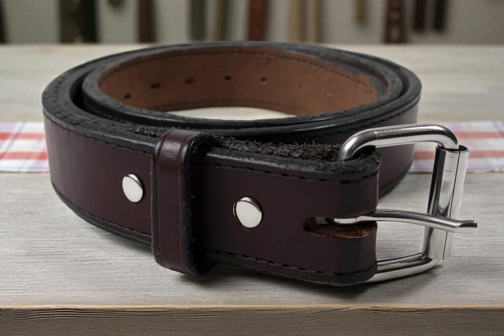 A coiled, dark brown Hanks leather belt with a silver buckle sits on a light wooden table.
