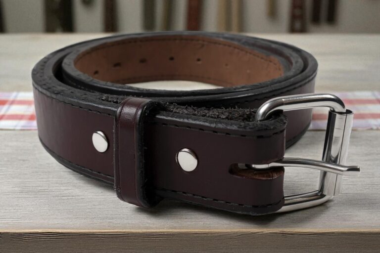 A coiled, dark brown Hanks leather belt with a silver buckle sits on a light wooden table.