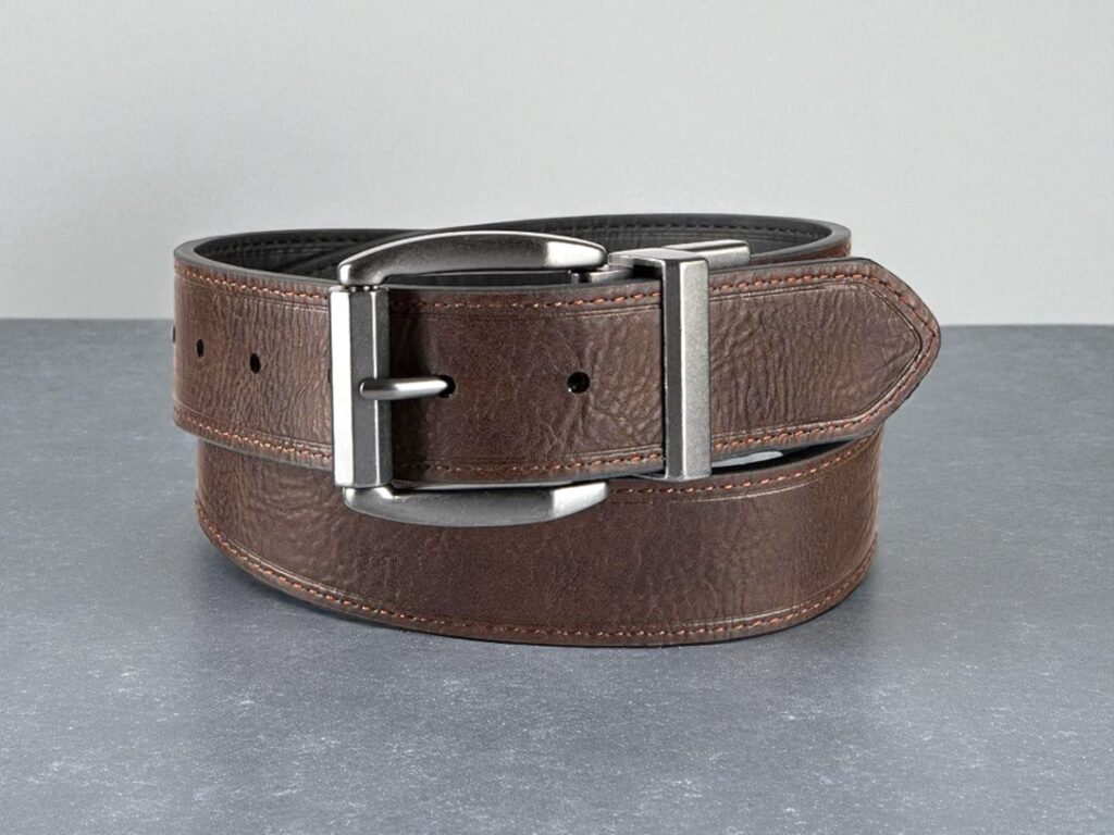 Rolled Levi's Reversible leather belt with a silver metal buckle on a gray surface.