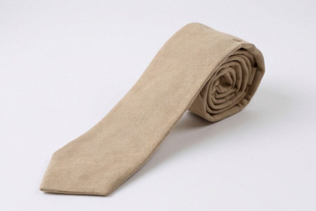 A neatly rolled Proper Materials cotton-chambray tie in beige, displayed against a white background.
