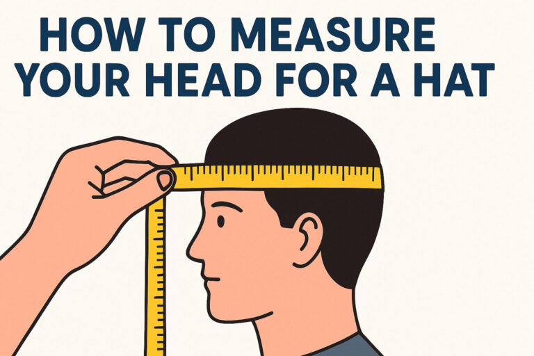 Illustration of a person being measured for a hat with a yellow tape measure around their head.