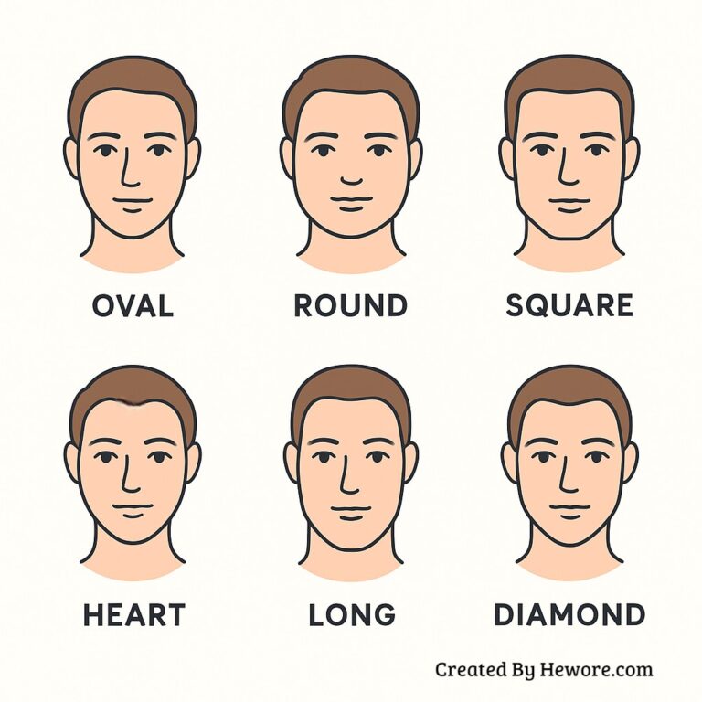 Illustration showing six male face shapes: oval, round, square, heart, long, and diamond. Each face shape is labeled.
