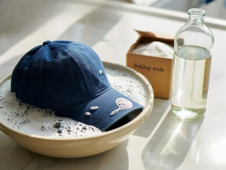 Blue baseball cap soaking in soapy water in a beige bowl, with a baking soda box and vinegar bottle nearby, illustrating a cleaning process.